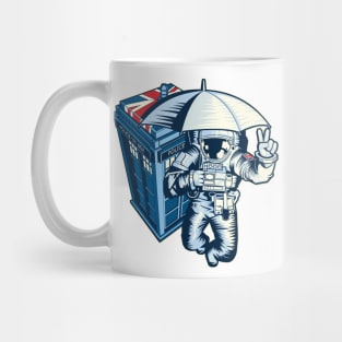 British astronaut holding an umbrella in space near a police box Mug